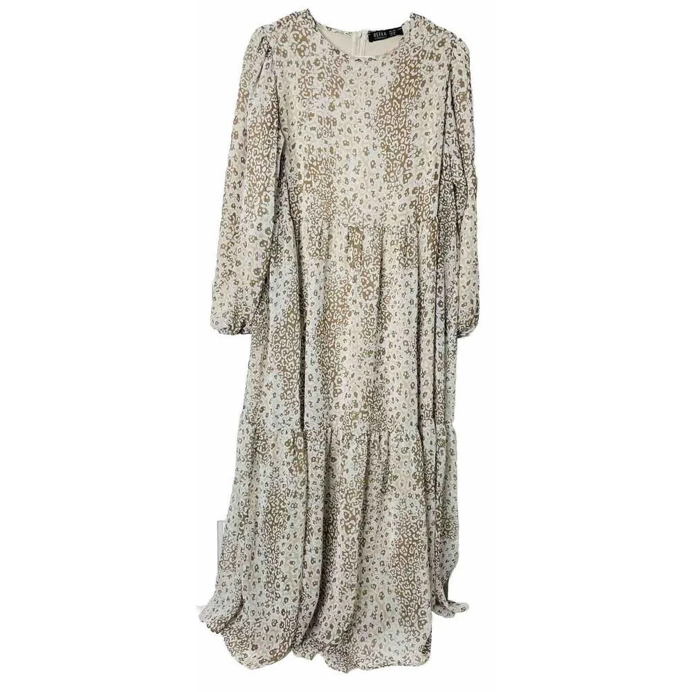 Refka Casual Midi Dress 10 Leopard Animal Boho Chiffon Retro Long Sleeve Flowy